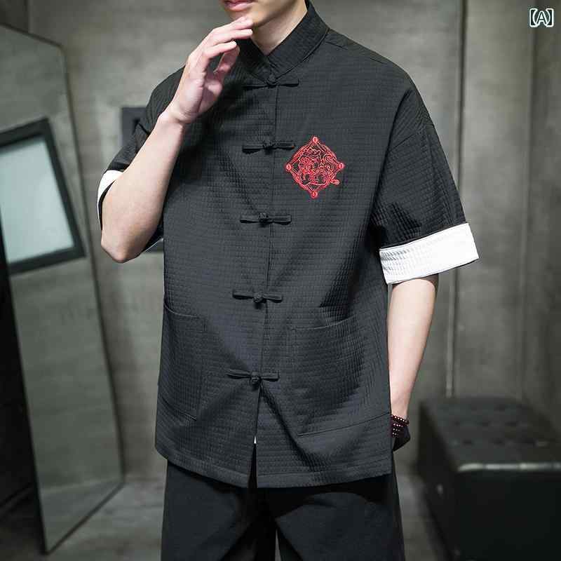 カンフー着 メンズ 紳士服 メンズ トップス シャツ カジュアル チャイナ風 半袖 大きめサイズ ゆったり 夏 レトロ
