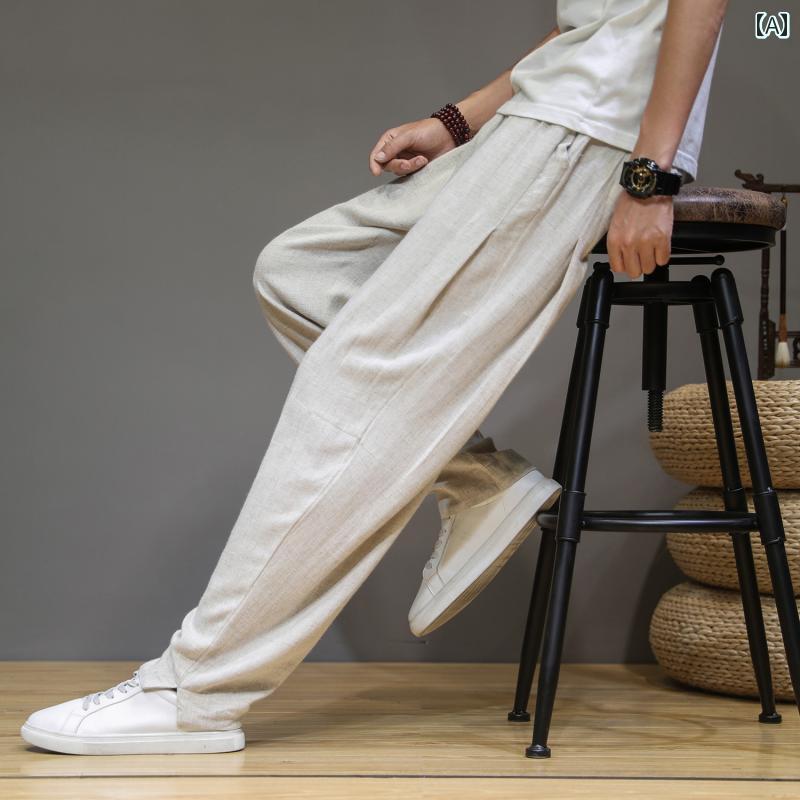 チャイナテイスト ズボン下 ズボン 中国 服 流行り物 心地好い 普段着 レトロ ゆったり メンズ 大きめ大きさ 夏