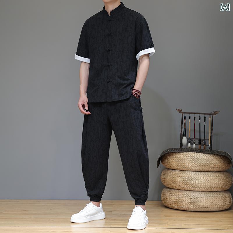 メンズ 瀬戸もの風 夏 薄っぺら レトロ 照明ランプ色つや 半袖 唐装 漢服 メンズ 名取り草かざり付ける 余暇 通気性 中国風 座標軸輪っか トップス 仕掛ける