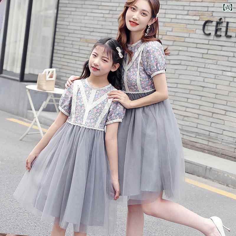 親子服 家族 ペアルック レディース 大人 キッズ 子供 親子 リンク コーデ お揃い レジャー トラベル 記念写真 ドレス ワンピース レトロ 夏 レース 花柄