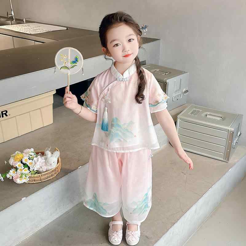 子供服 服 女の子 シフォン 女児 子供 キッズ プルオーバー 半袖 ズボン 夏 セットアップ ファッション