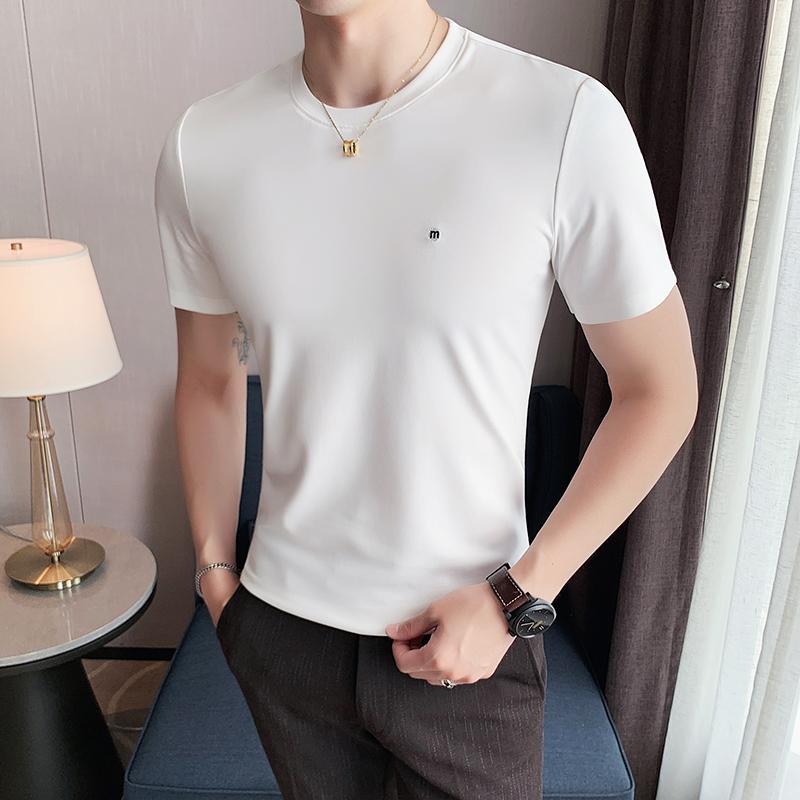 メンズ ひんやり 涼しい 快適 半袖 Tシャツ 夏 薄手 韓国 スリム 刺繍 レイヤリング シャツ ラウンドネック カジュアル クール Tシャツ トップス コットン ウール スリムフィット ファッション スタイリッシュ