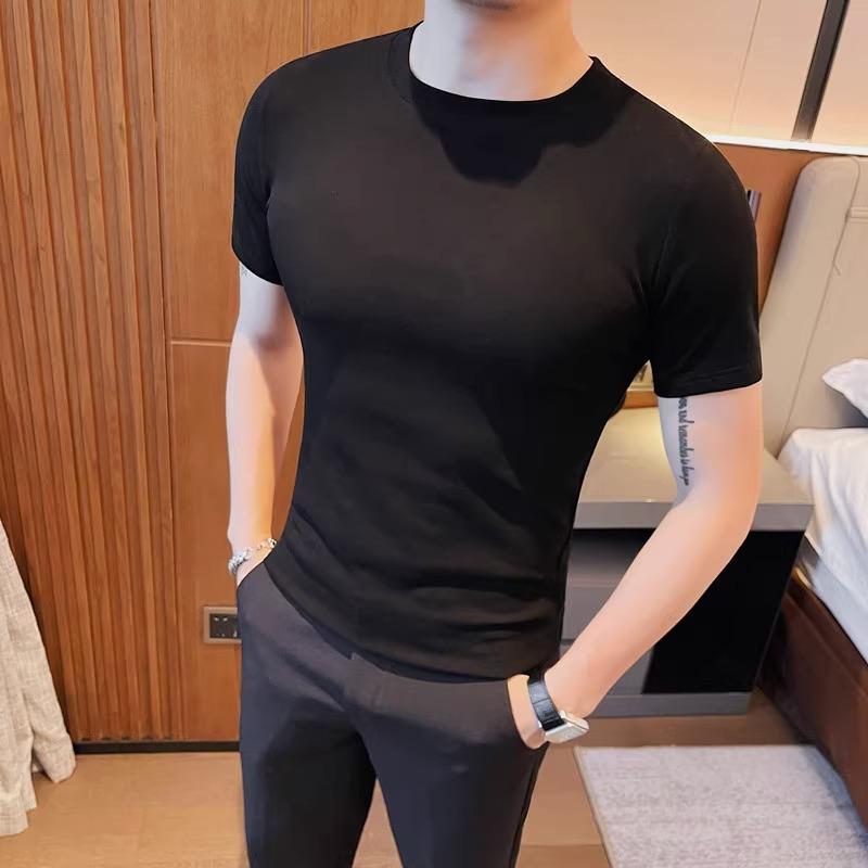 メンズ ラウンドネック 半袖 Tシャツ 夏 ソリッドカラー スリムフィット コットン ウール レイヤリング シャツ メンズ ブラック タイト トップス ファッション スタイリッシュ