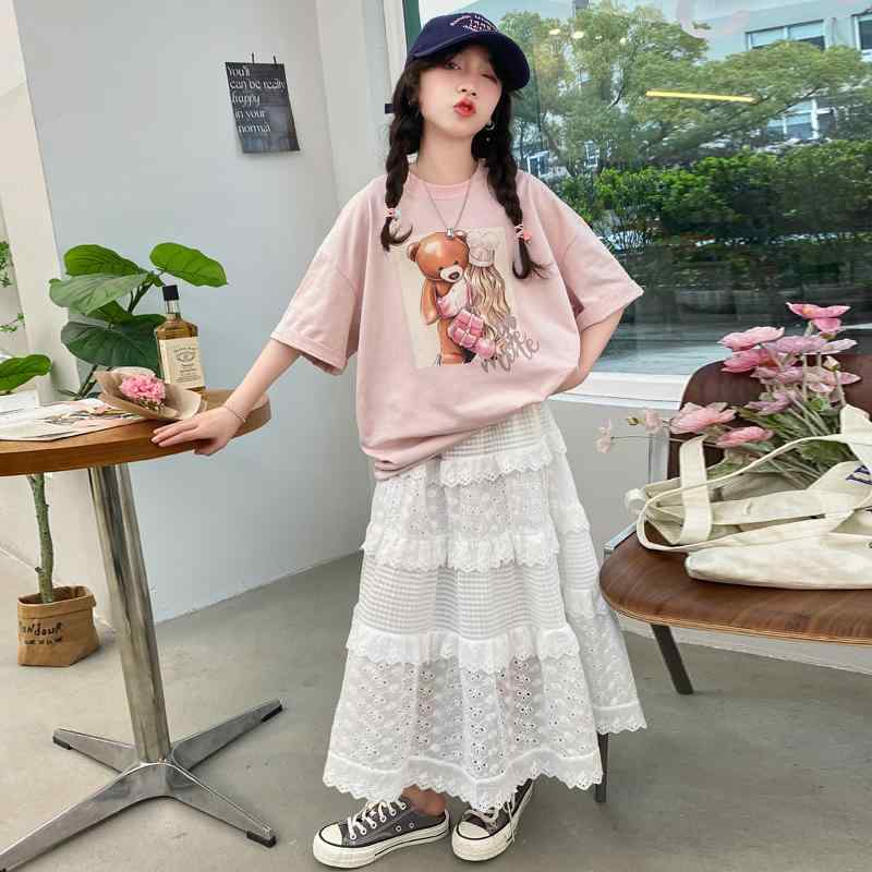 キッズ ファッション セットアップ トップス シャツ ロング スカート レース セット カジュアル 女の子 スリム 半袖 夏 子供服