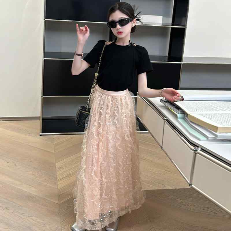 子供服 セットアップ トップス シャツ ロング スカート レース セット カジュアル 女の子 スリム 半袖 キッズ 夏 子供