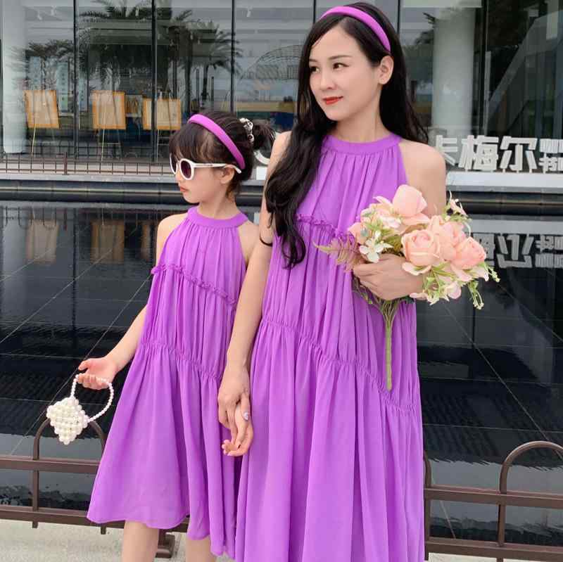 ワンピース 母娘 コーデ レディース 女の子 プリンセス ファッション 大人 子供 親子 お揃い ファミリー リンク コーデ ペア ルック 夏 リゾート 旅行 家族 写真 パープル ロング スカート シフォン