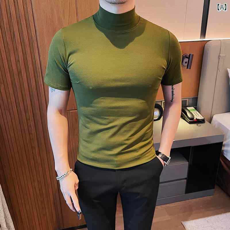 メンズ トップス 半袖 Tシャツ ハーフ ハイネック タイトフィット 長袖 薄手 夏秋 インナー 無地 メンズ ビジネス 紳士