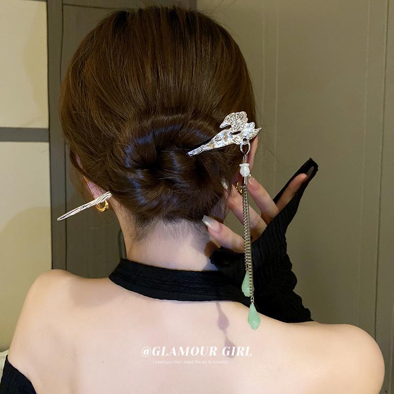 ヘアアクセサリー チャイナ風 プリーツ 翡翠 タッセル かんざし レトロ 衣装 レトロ かんざし 揺れる エレガント