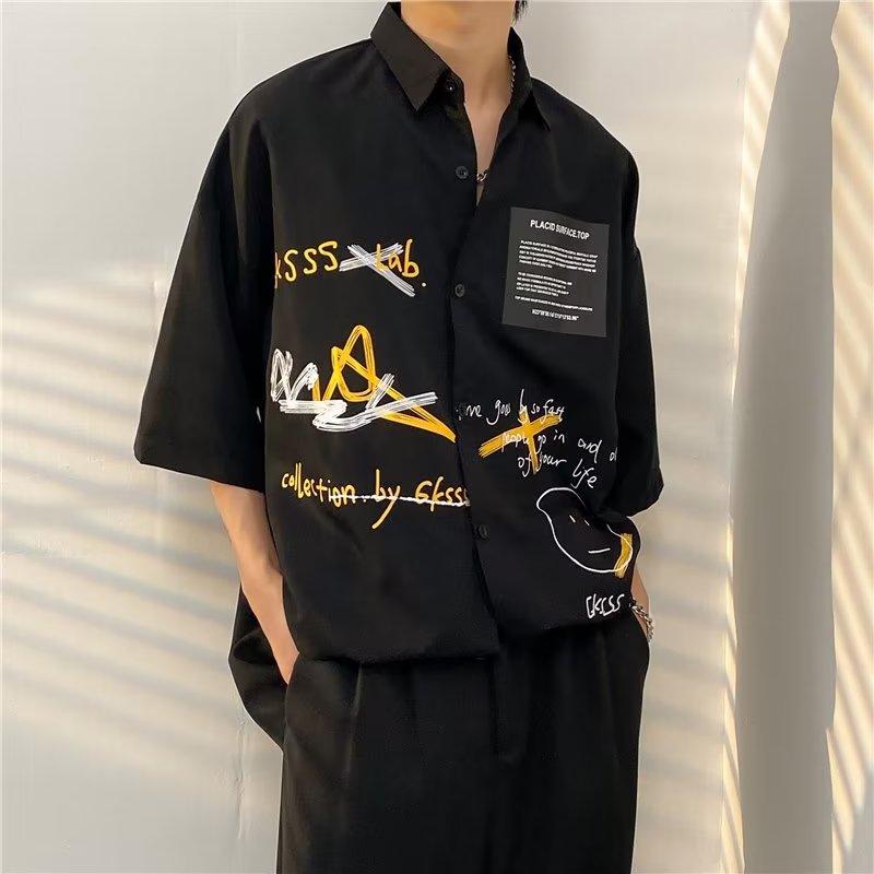 メンズ 半袖 シャツ 夏 薄手 トップス カジュアル ワークウェア ジャケット 紳士服 プリント ゆったり ポインテッドカラー シック
