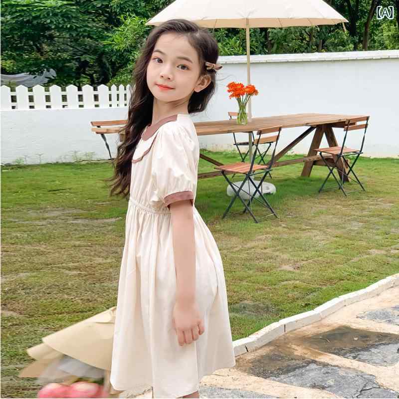 女の子 ワンピ かわいい 夏服 綿 プリンセス 半袖 子供服 薄手 スカート 韓国 アプリコット エレガント キッズ
