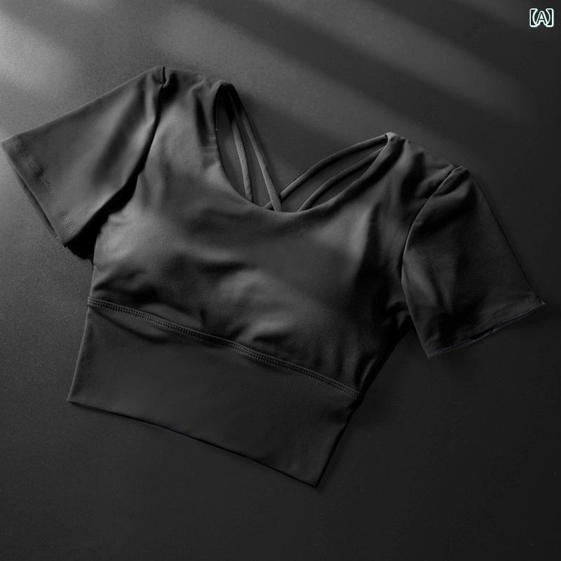 レディース 美しい背中 胸パッド 夏 ヨガ 服 魅惑 ランニング スポーツ トップスス 半袖 フィットネス 服
