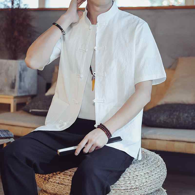 メンズ 中国風 ファッション チャイナ風 夏 綿 リネン 半袖シャツ レトロ 唐 夏 大きめサイズ プレート ボタン リネン 五分袖シャツ