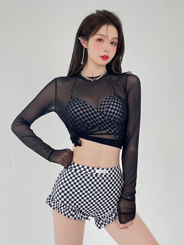 水着 セパレート ハイウエスト レディース 夏 千鳥格子 魅惑 3点 ビキニ プッシュアップ スパ レディース スイムウェア
