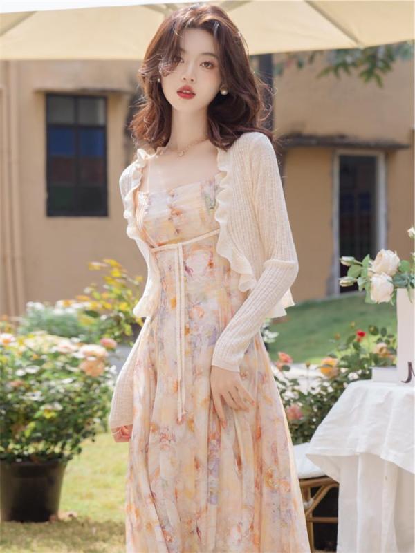 レディース 流行り物 フレンチ お召しもの 仙女 花柄 ズボン吊り 衣裳 ロングスコート ジレー 2点仕かける セットアップ 夏 シフォン お上さん服 レディース ドレス-レディースファッション