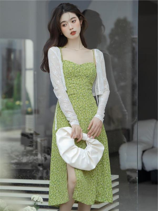 レディース フレンチ レトロ グリーン ドレス スリット バックレス 花柄 サスペンダー スカート ワンピース セクシー シフォン 婦人服 レディース 夏 カーディガン