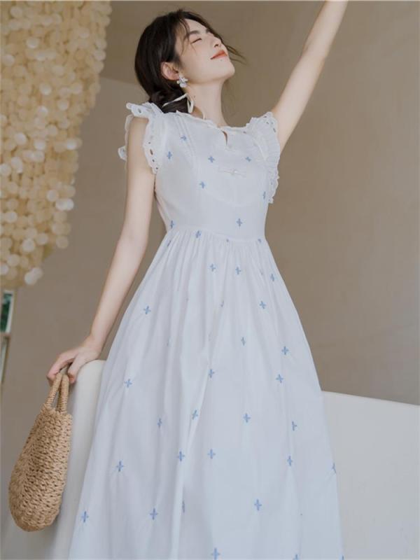 レディース 瀬戸もの風 花柄 お召しもの  ご機嫌酉の方角 ミモレ丈 半袖 夏 ガーリー お姉さん レディース 白いこと レディースファッション-ドレス