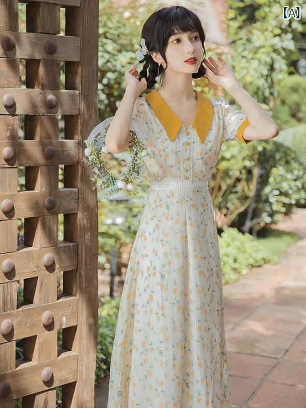 レディース 婦人服 ワンピース ドレス レトロ ウエストマーク フリル シフォン 夏 フレンチ 花柄 襟