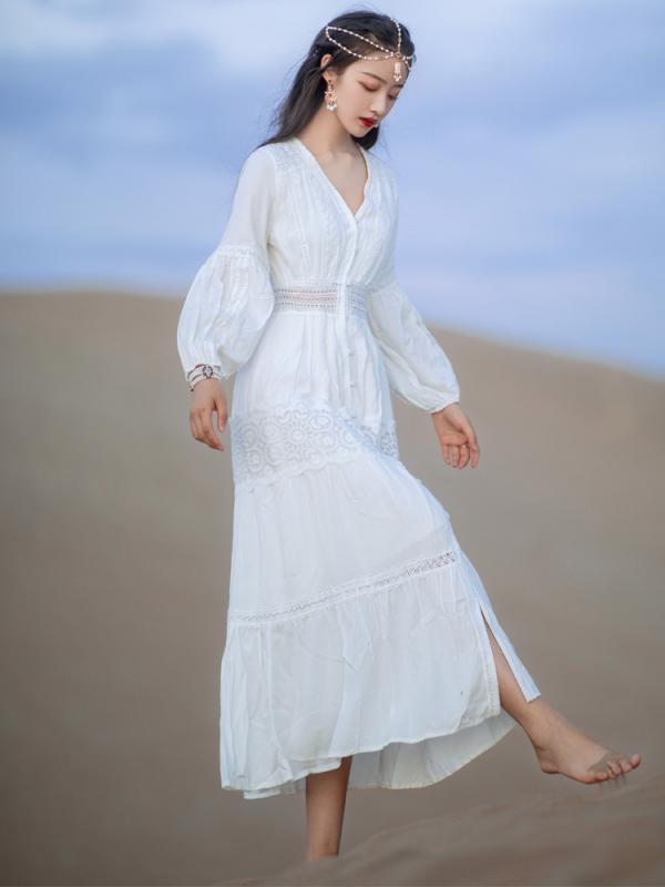 レディース 婦人服 ワンピース ドレス レトロ エスニック シフォン 白 夏 旅行 ホワイト｜セキュアデポ