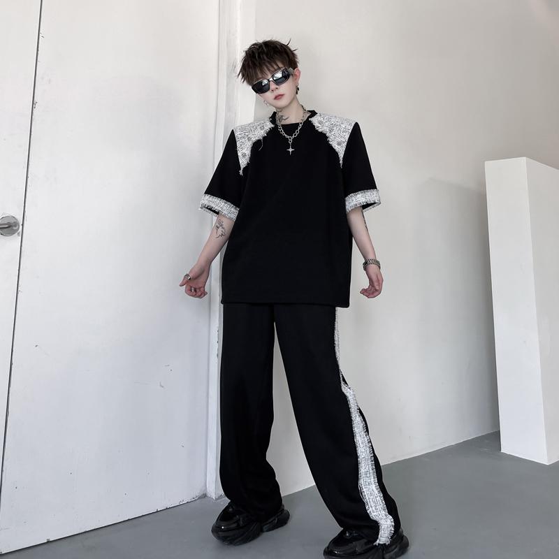 メンズ シャツ トップス おしゃれ 夏 半袖 タッセル ローエッジ ワイドレッグパンツ Tシャツ