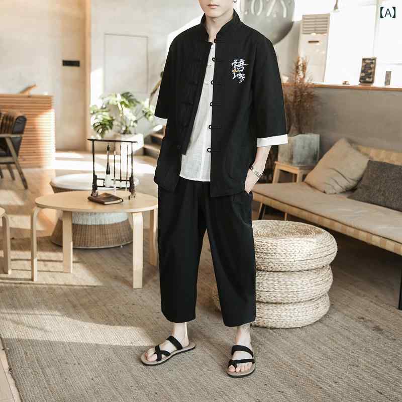 メンズ チャイナ風 綿 リネン 刺繍 半袖 シャツ スーツ レトロ 唐 スーツ 夏ゆったり 大きめサイズ クロップドパンツ 2点 セット スタンドカラー