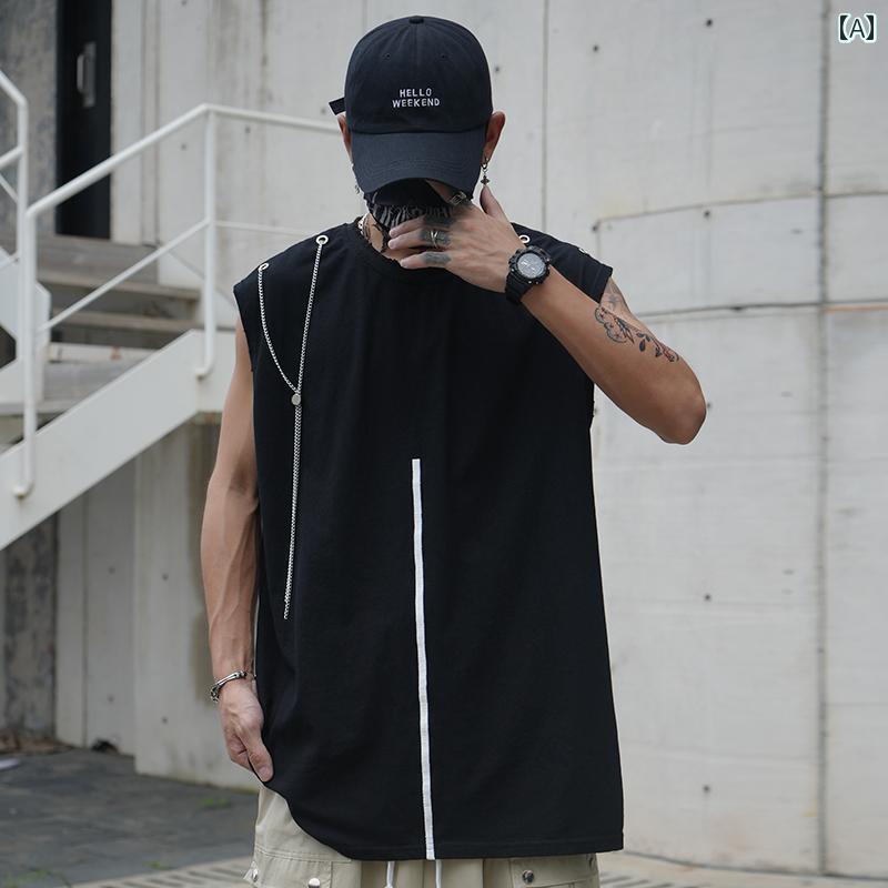 夏 エッジ ワイド ノースリーブ Tシャツ メンズ ヒップ ホップ ストリート 大きめサイズ チェーン ベスト｜セキュアデポ