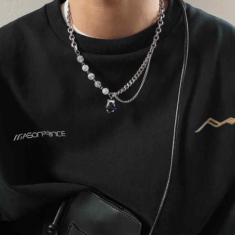 ネックレス アクセサリー 太い チェーン ブルー ストーン ヒップホップ ストリート クール チタン鋼
