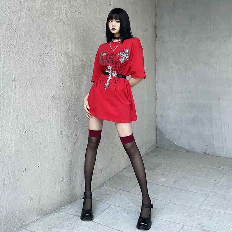 Tシャツ トップス おしゃれ ファッション カジュアル レディース ミディアムロング 半袖 韓国 オーバーサイズ ストリート ロック ベルト ユニーク ゆったり