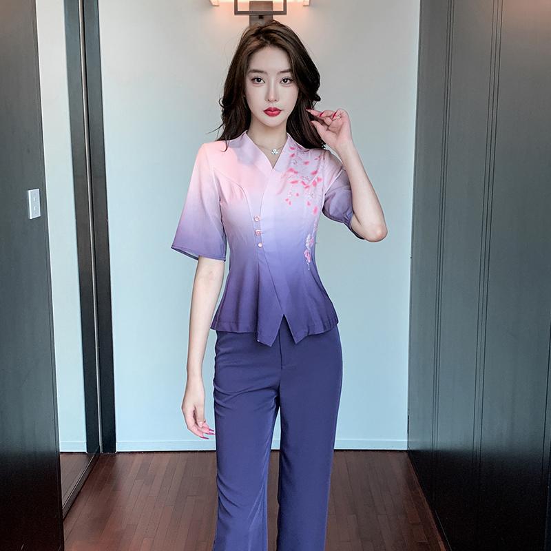 美容系 サロン 制服 接客 ユニフォーム レディース パープルグラデーション キレイ目 カジュアル パンツ セットアップ おしゃれ 大きめサイズ 7,135円