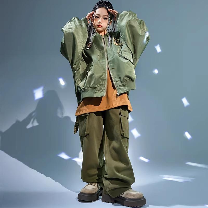 ストリート ダンス 子供 ヒップホップ アーミーグリーン ジャケット パンツ セットアップ ボーイズ 女の子 ファッション パフォーマンス オーバーサイズ カジュアル