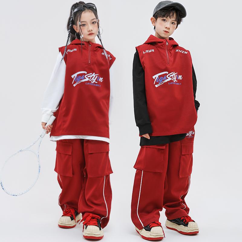 子供 ボーイズ 女の子 ファッション ストリート ダンス ヒップホップ ワインレッド スーツ ベスト パンツ 長袖 セットアップ パフォーマンス ステージ衣装 オーバーサイズ