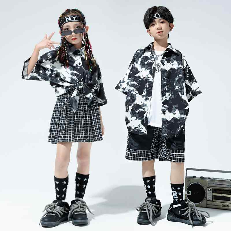 ジャズ ダンス パフォーマンス キッズ 衣装 子供服 コーデ セットアップ 重ね着 カジュアル 柄シャツ メンズ レディース兼 短丈 トップス ファッション ユニセックス 6,670円