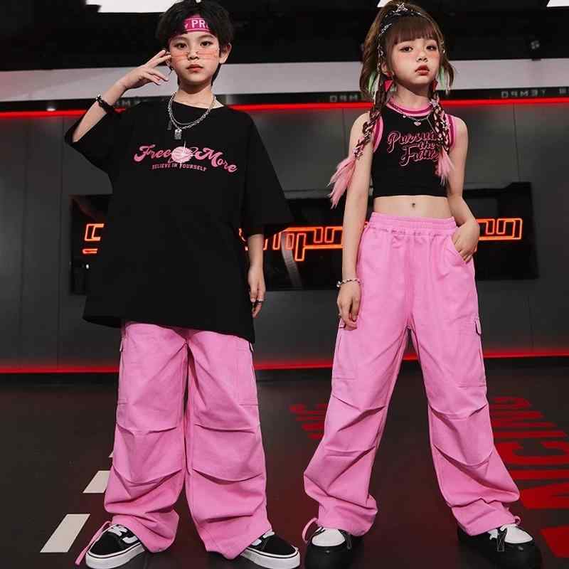 子供 ヒップホップ 服 ピンク パンツ セット 男の子 プリント 黒 Tシャツ カジュアル 女の子 パフォーマンス ベスト 夏