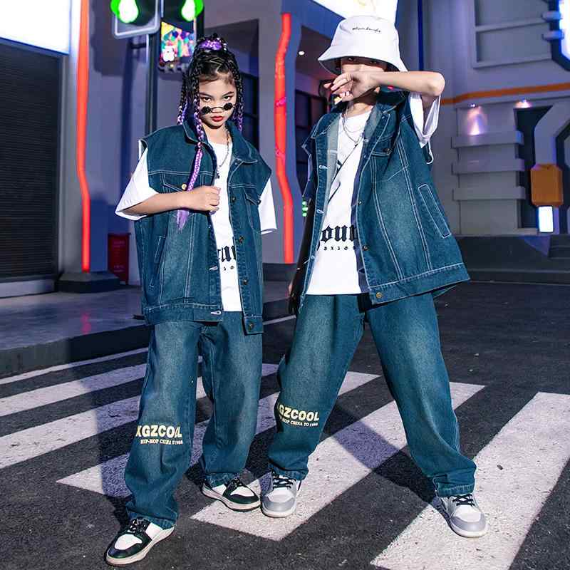 男の子 女の子 ヒップホップ 服 パフォーマンス 春夏 デニム セット 子供 ステージ カジュアル 衣装 ジャズ ダンス