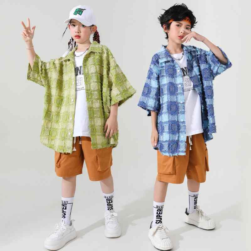 男の子 女の子 夏 レトロ シャツ セット パフォーマンス 服 子供 ストリート ダンス 個性 ファッション シャツ ヒップホップ パンツ