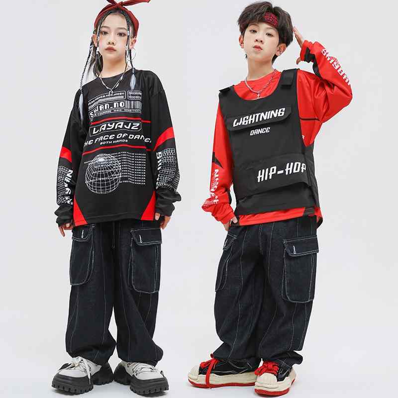 ストリート ダンス 子供 服 ヒップホップ パンツ セット ベスト 男の子 女の子 ステージ カラフル パフォーマンス 長袖