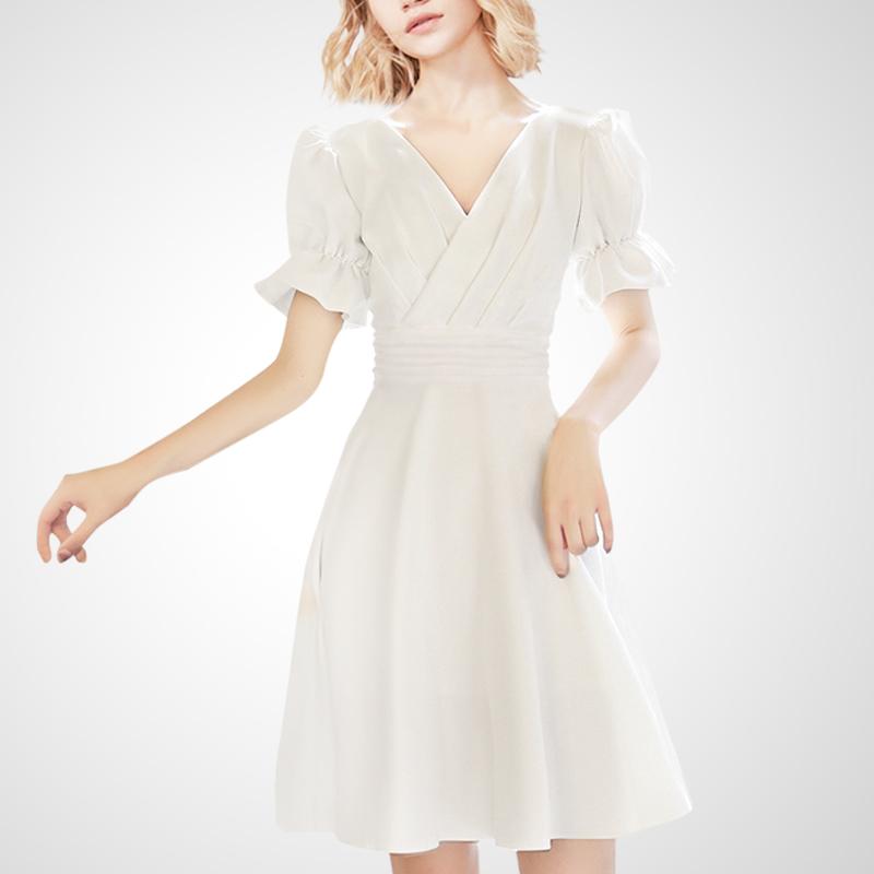 婦人服 レディース 白 ミニワンピース Vネック ショート丈ドレス 夏 フレア きれいめ 大人かわいい 膝丈スカート フレア袖 無地 シンプル ハイウエスト
