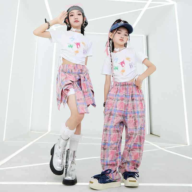 子供 キッズウェア ジャズ ストリート ファッション ヒップホップ ダンス パフォーマンス 衣装 半袖 かわいい ガーリー おしゃれ へそ出し フェミニン クール