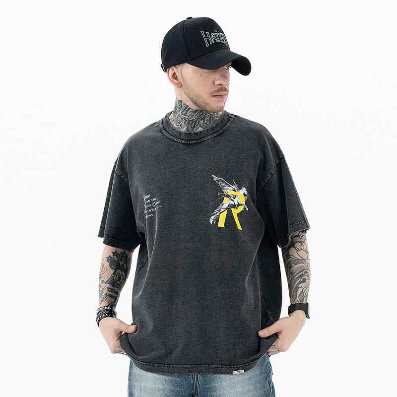 Tシャツ メンズ カジュアル おしゃれ 夏 アメリカン レトロ ウォッシュ ペガサスナイト プリント 半袖 シャツ 古着風 かっこいい バクプリ ゆったりタイプ