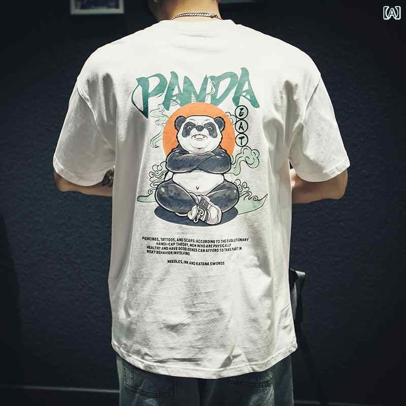Tシャツ 夏 綿 半袖 シャツ メンズ ゆったり 大きめサイズ 白 ラウンドネック レジャー プリント アニマル パンダ テキスト