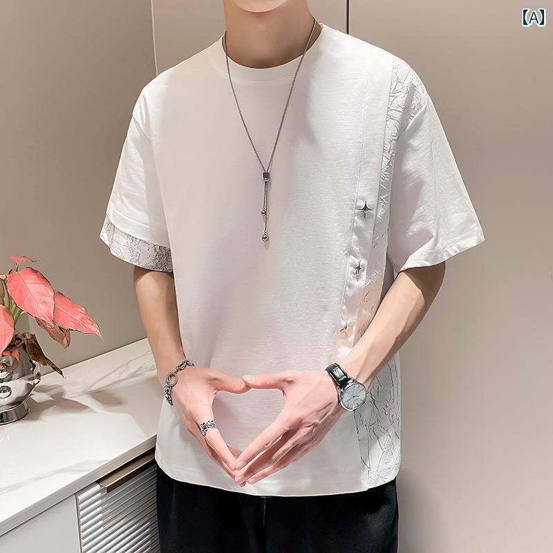 Tシャツ カジュアル メンズ ファッション 夏 半袖 シャツ メタル トップス コットン 薄手 金属ジョイント