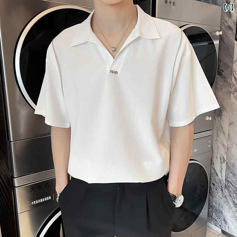ポロシャツ メンズ ファッション 豪華感 半袖 夏 ひんやり 涼しい 快適 Vネック Tシャツ 半袖 ゆったり 金属装飾 シンプル
