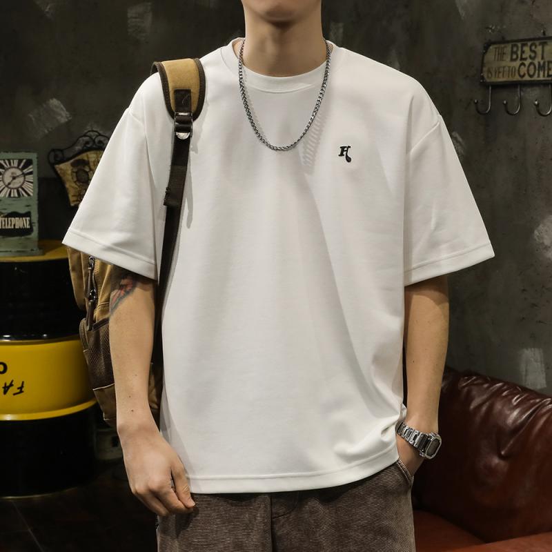 メンズ Tシャツ 半袖 夏 アメリカン カジュアル ラウンドネック 丸首 綿混紡 通気性 ゆったり シンプル 単 さわやか 大きめサイズ メンズ ノーアイロン レジャー トップス 刺繍 白 黒 ホワイト ブラック パープル ダークブルー