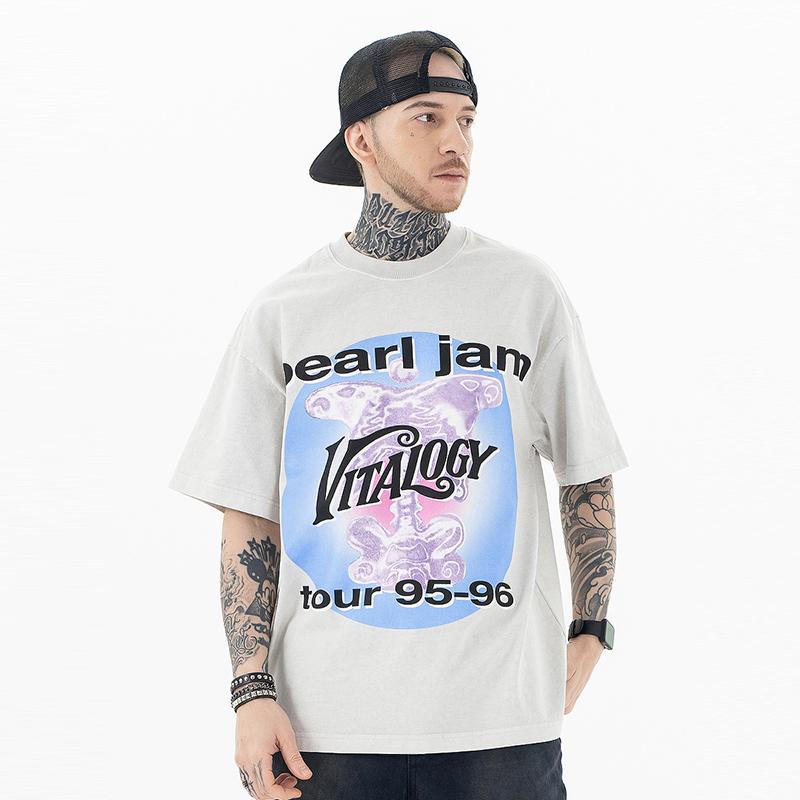 Tシャツ 半袖 夏 ゆったり アメリカン ストリート スケーター メンズ カジュアル おしゃれ グレー Ｔシャツ メンズ 文字 プリント ロック 歌手 トップス ラウンド