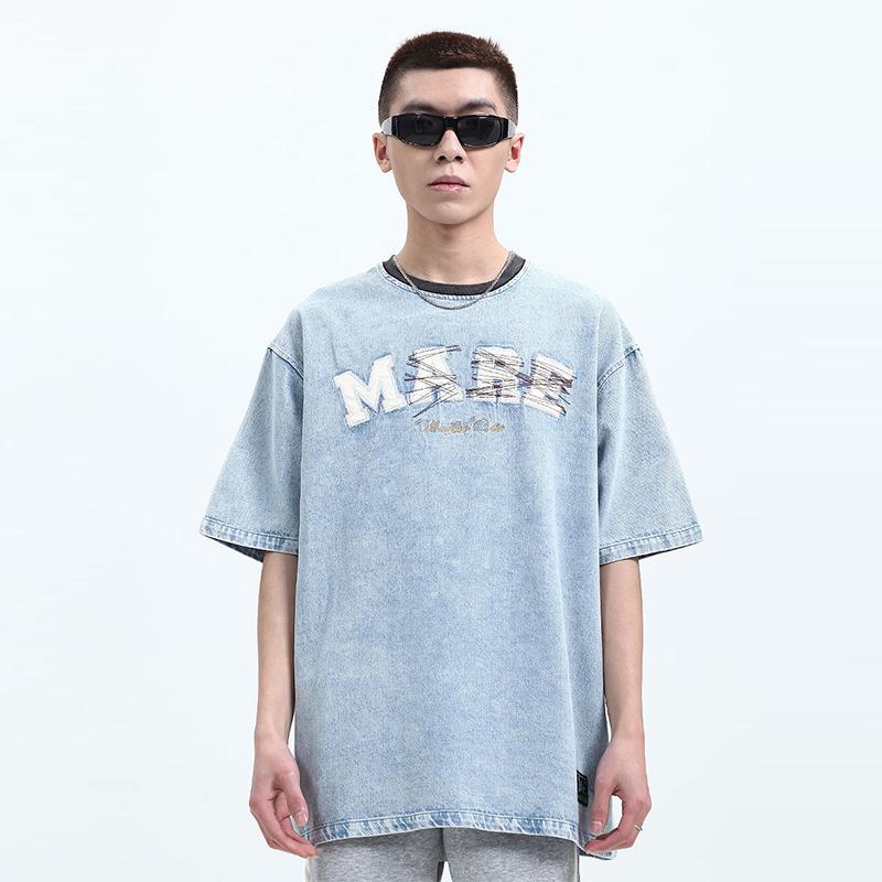 Tシャツ 半袖 夏 ゆったり アメリカン ストリート スケーター メンズ カジュアル シャツ おしゃれ ブルーデニム ボーイッシュ 薄手 刺繍 カップル オーバーサイズ トップス 古着風