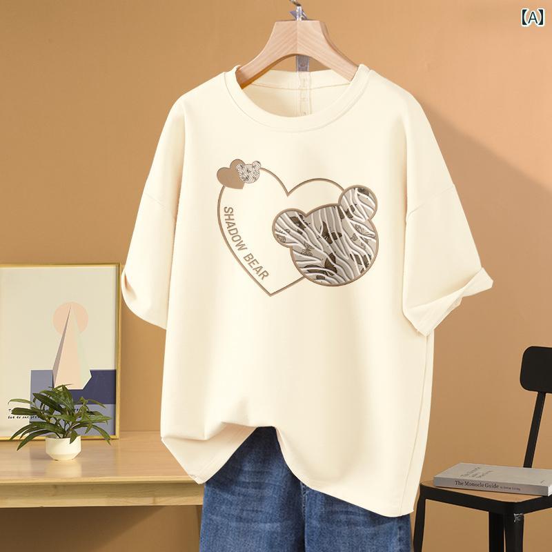Tシャツ トップス レディース おしゃれ ファッション シンプル 白 半袖 夏 薄手 綿 丈 プリント ラウンドネック カジュアル 大きめサイズ レディース
