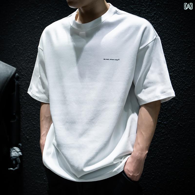 Tシャツ 厚手 シンプル 半袖 シャツ メンズ ゆったり 大きめサイズ 快適 夏 テキスト ラウンドネック レジャー シンプル