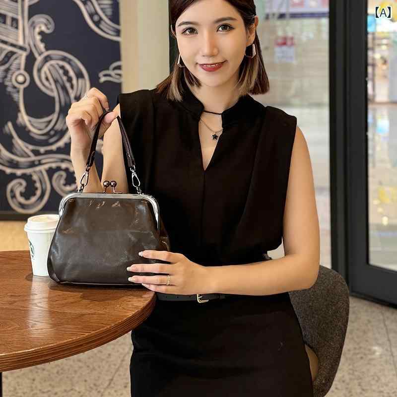 レディース レトロ 牛皮 手持ち差し交わす上半身 取りはらい能力のある手持ち部分 口金ハンドバッグ 心地好い レディース 窈窕たる 流行り物 今めかしい