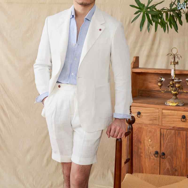 ショートパンツ スーツ メンズ 春夏 フラット襟 シングルブレスト ダブルスリット トップステッチ レトロ さわやか ショートパンツ カジュアル 上下セット メンズ