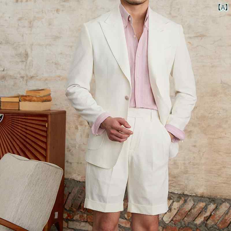 ショートパンツ スーツ メンズ 春夏 通気性 ダブルスリット トップステッチ ひさし襟 シングルブレスト ショートパンツ 上下セット カジュアル レトロ メンズ 紳士