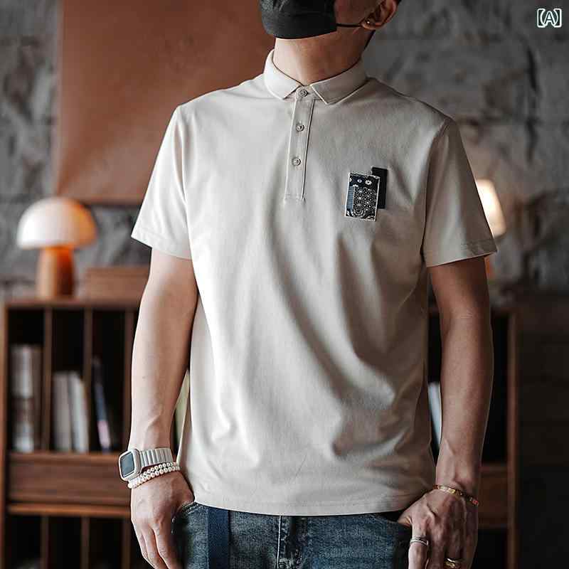 ポロシャツ レトロ エスニックフラワー ワッペン 刺繍 半袖 Tシャツ メンズ 春 シンプル スリム フィット カジュアル コットンウール パッチ ウォッシュド